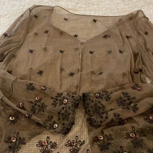 Sheer brown Lacey button down top flouncy and pretty button work boutique